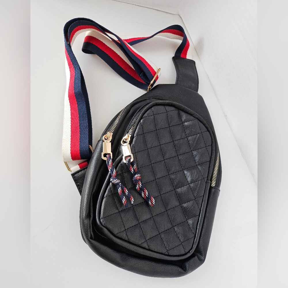 Sporty black quilted vegan leather cross body handbag gold zipper